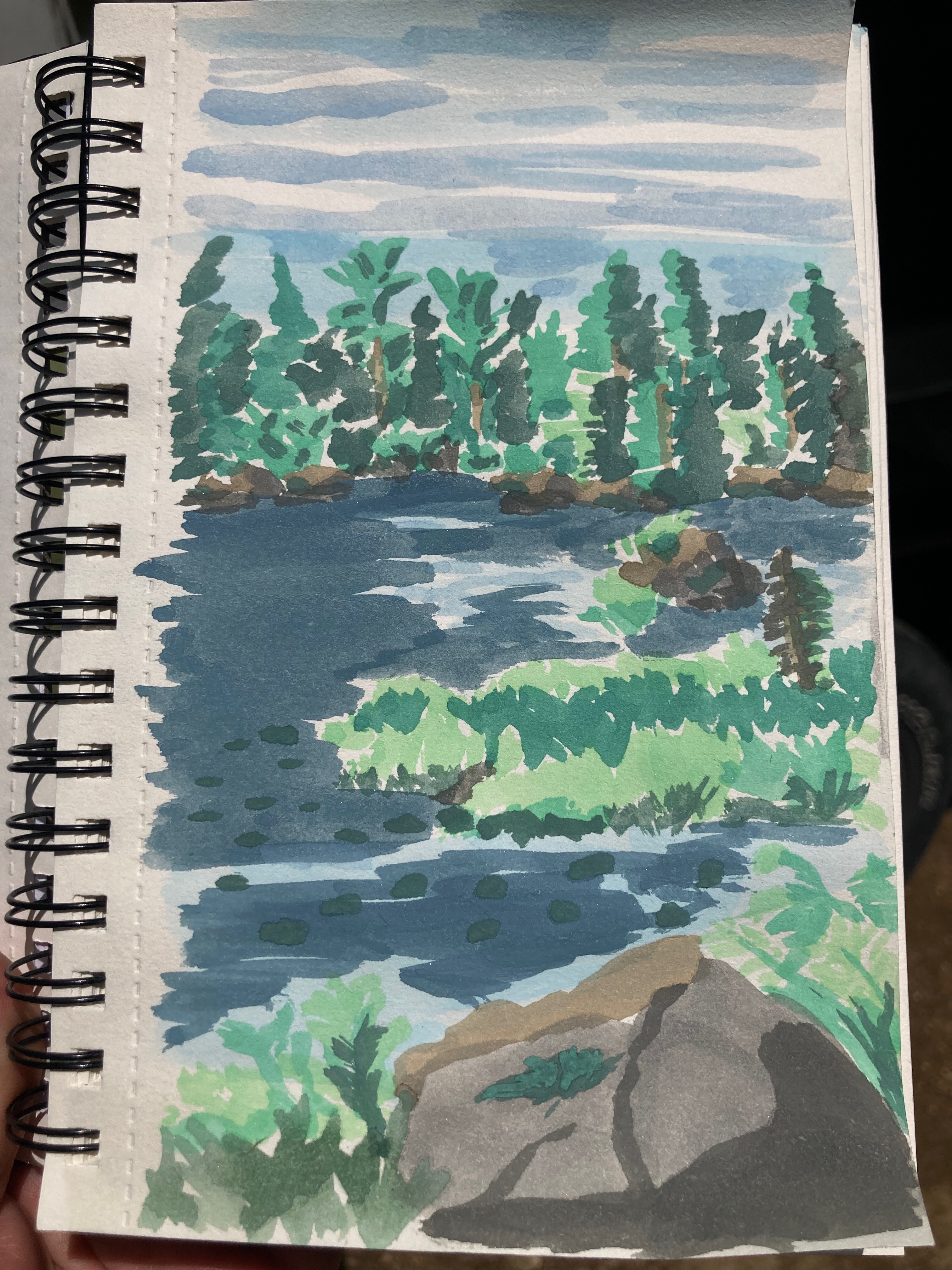 Watercolor of a forested lake scene by author.